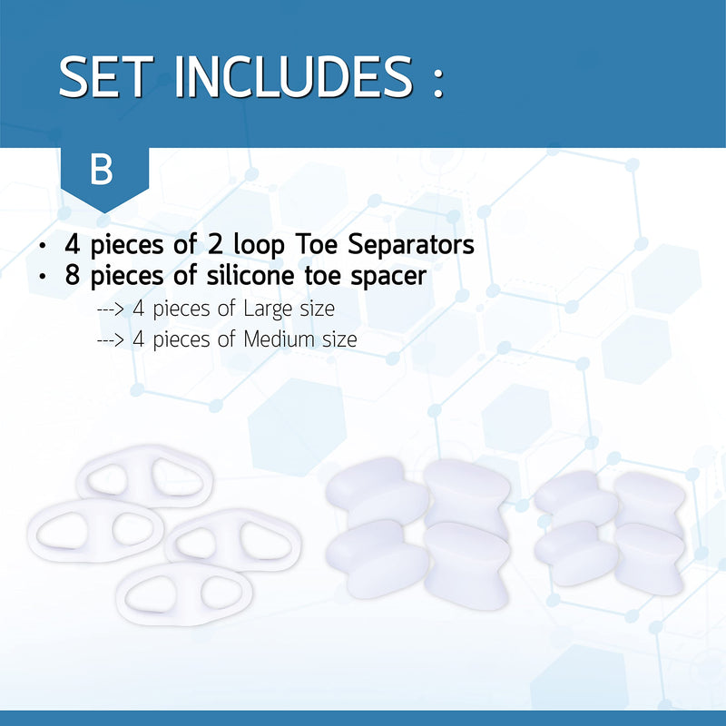 [Australia] - BENNARA Hammer Toe Straightener. Set B: 4pc-2 Loop Toe Separator and 8pc-Toe Spacer. Straighten Overlapping Toes, Crooked Toe, for Bunion Corrector, Hammer Toe, Hallux Valgus and Callus 