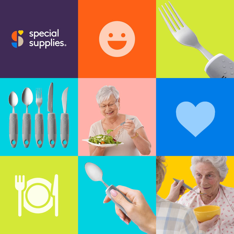 [Australia] - Special Supplies Adaptive Utensils (5-Piece Kitchen Set) Wide, Non-Weighted, Non-Slip Handles for Hand Tremors, Arthritis, Parkinson’s or Elderly Use - Stainless Steel Knives, Fork, Spoons - Grey 