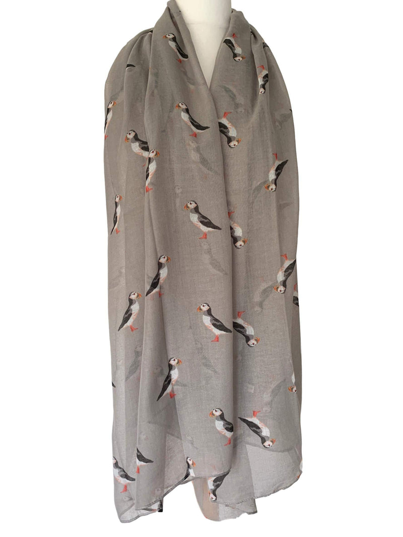[Australia] - Purple Possum® Puffin Scarf Ladies Puffins Shawl Cute Large Bird Print Wrap Birds Grey 