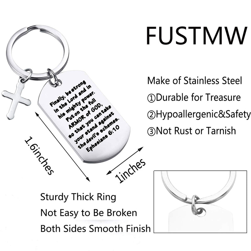 [Australia] - FUSTMW Christian Keychain Bible Verse Gifts Armor of God Cross Charm Ephesians 6:10 Religious Jewelry Confirmation Gifts silver 