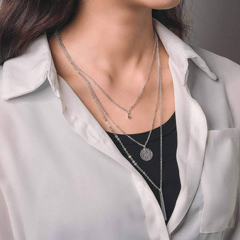 [Australia] - Bomine Layered Bar Necklace Chain Disc and Beaded Pendant Necklaces Jewelry Chains for Women and Girls (Silver) Silver 