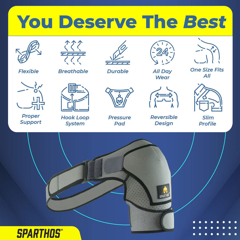[Australia] - Sparthos Shoulder Brace - Support and Compression Sleeve for Torn Rotator Cuff, AC Joint Pain Relief - Arm Immobilizer Wrap, Ice Pack Pocket, Stability Strap, Dislocated Sholder - for Men and Women Universal Gray/Black 