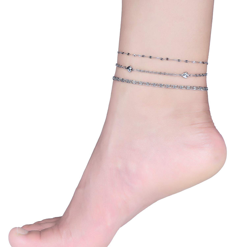 [Australia] - hoduar Stainless Steel Anklet, Two Tone Cross Ankle Bracelets Adjustable Beads Jewelry Chains 3Pcs Set [8.2"+2"] Gift for Women d:heart 