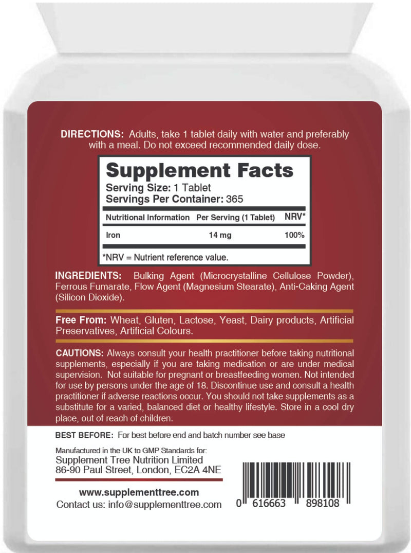 [Australia] - Iron Tablets High Strength 14mg | 365 Vegan Tablets (One Year Supply) | Contributes to The Reduction of Tiredness & Fatigue | Iron Supplements for Men & Women | Easy to Swallow Iron Pills | UK Made 