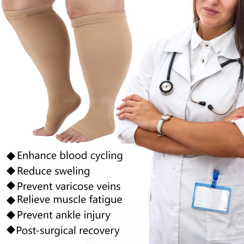 [Australia] - Compression Sock for Men Women, Plus Size Compression Socks Wide Calf, High Knee Flight Socks Medical Compression Socks Stocking for Varicose Veins,Open Toe Men Women Running Flight Compression Socks Beige 2XL 