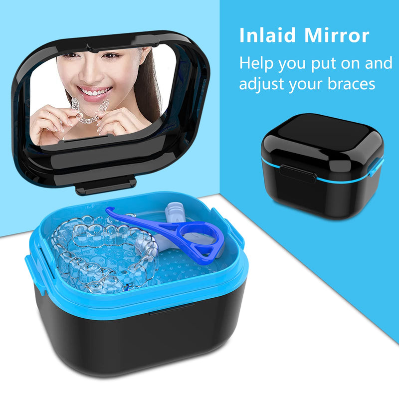 [Australia] - BVN Denture Bath Denture Case: Denture Cup for Soaking Dentures, Retainer Cleaner Case with Mirror, Mouth Guard Case, Aligner Case, Retainer Holder, Night Guard Case, False Teeth Container Black Black Blue 