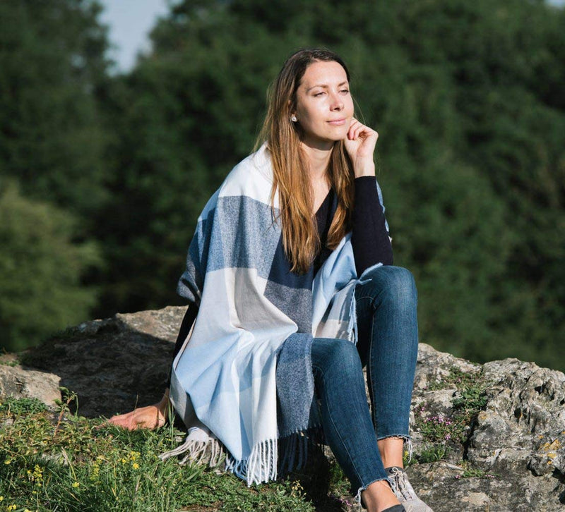 [Australia] - Check Shawl Cosy Poncho Cape Wrap Soft Scarf Pashmina Blue Grey White check Gift Packaged, CR1933-1 