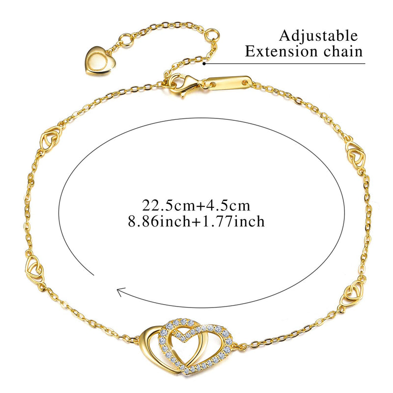 [Australia] - Madeone Gifts for Mothers Day 925 Sterling Silver 14K Gold Plated Cubic Zirconia CZ Stone Love Heart Anklet Bracelet Adjustable Foot Ankle Christmas Jewelry Gifts for Women with Box Packing Love Gold-1 