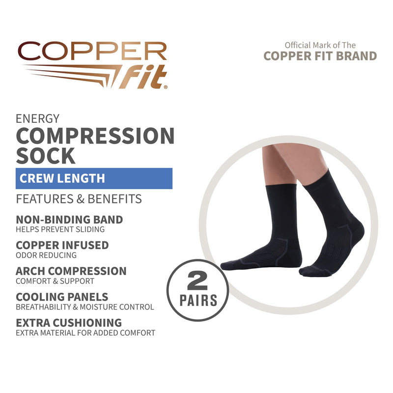 [Australia] - Copper Fit Energy Unisex Crew Length Compression Socks Large-X-Large Black 