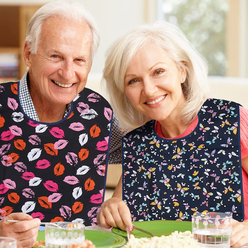 [Australia] - Adult Bibs for Elderly Washable, 2 Pack Butterfly Lip Reusable Waterproof Eldly Bib with Crumb Catcher Disability Bibs for Adults for Women Men 