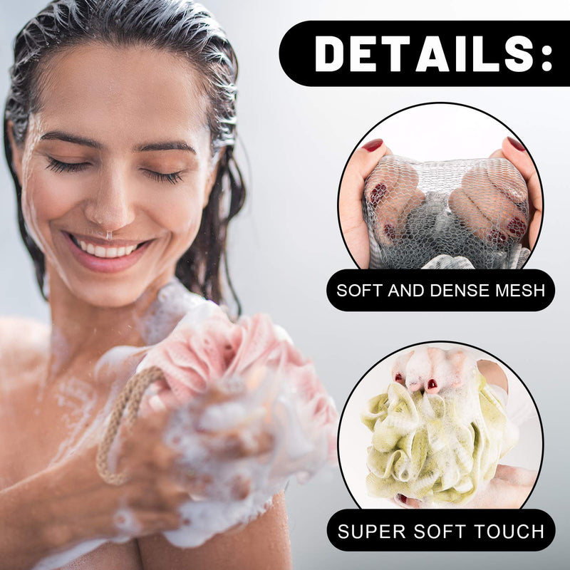 [Australia] - Whaline 4pcs Loofahs Bath Sponge Set Shower Sponge Ball with Seamless Hooks Shower Assorted Color Mesh Pouf Sponge Exfoliating Shower Sponge Soft Luffa Loufa Body Scrubber Ball for Men and Woman 