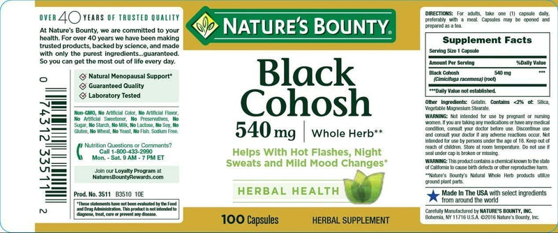 [Australia] - Nature's Bounty Black Cohosh Root Pills and Herbal Health Supplement, Natural Menopausal Support, 540 mg, 100 Capsules 