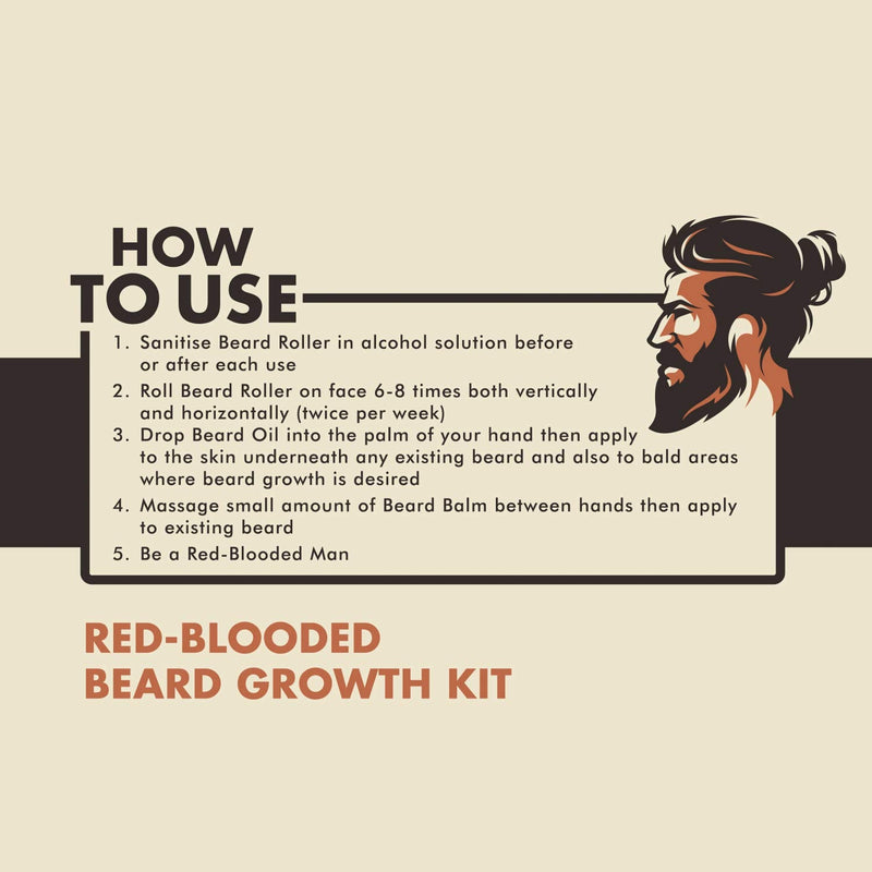 [Australia] - Red-Blooded Beard Growth Kit - Beard Roller + Beard Oil + Beard Balm - Stimulate Beard and Hair Growth with this Cologne Scented Beard Care Gift for Men - 0.5mm Derma Roller for hair Beard Regrowth 