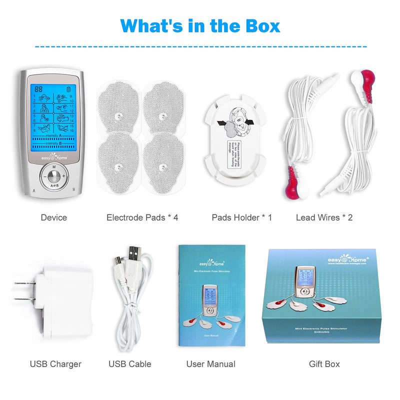 [Australia] - Easy@Home Rechargeable TENS Unit + EMS Muscle Stimulator, 2 Independent Channels, 20 Intensity Levels, 8 Massage Types+16 Modes, 510K Cleared FSA Eligible Handheld Electronic Pulse Massager, EHE029G-B 