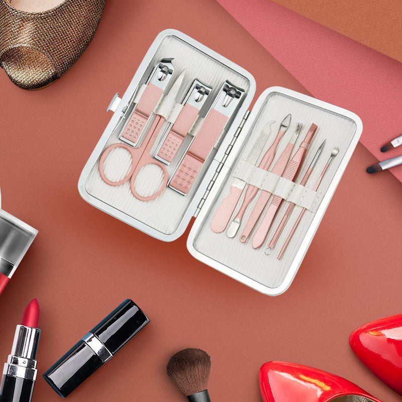 [Australia] - Glamne Manicure Pedicure Set Tools Professional Stainless Steel Nail Care Kits with Leather Travel Case Pink(10pcs) 10PCS 