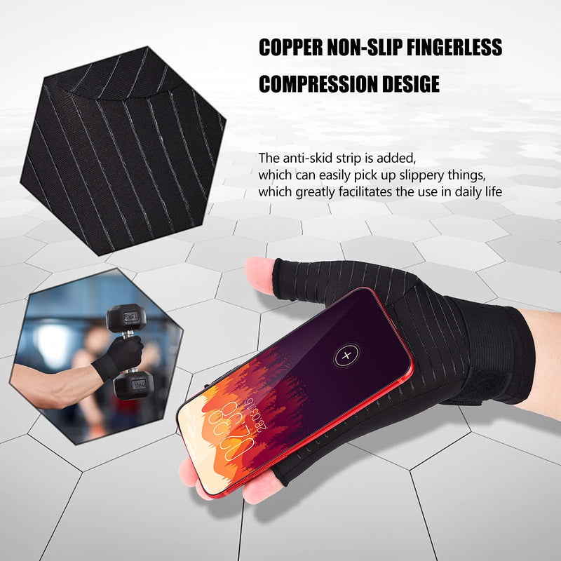 [Australia] - Copper Wrist Compression Arthritis Gloves (1 Pair), Wrist Support Brace Fingerless Glove with Adjustable Strap, Comfortable Carpal Tunnel Sleeve for Hand Finger Wrist Relieve Pain for Women and Men Large 