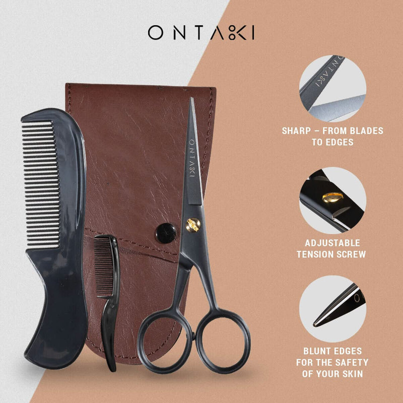 [Australia] - ONTAKI Beard Moustache Scissors 5" Professional German Steel with Comb Carrying Pouch Mustache Trimming - Hand Forged Bevel Edge Precision Men Facial Hair Grooming Kit All Body Hair Black 