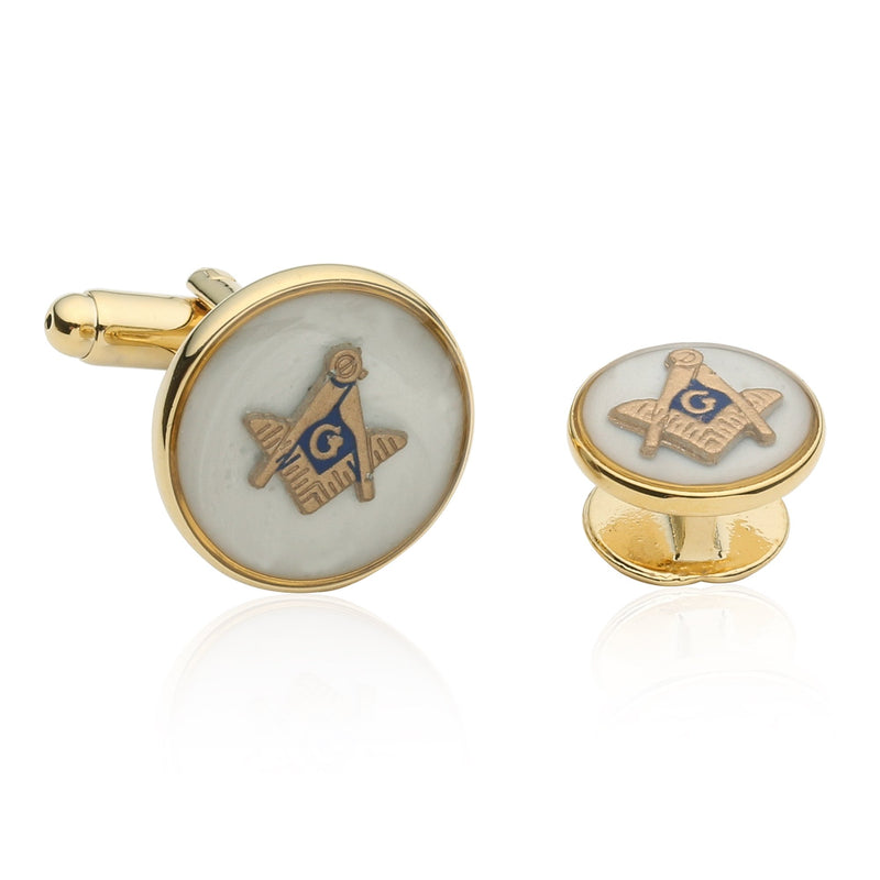 [Australia] - Cuff-Daddy Mens White Enamel Freemason Masonic Formal Set Cufflinks and Studs with Presentation Box 