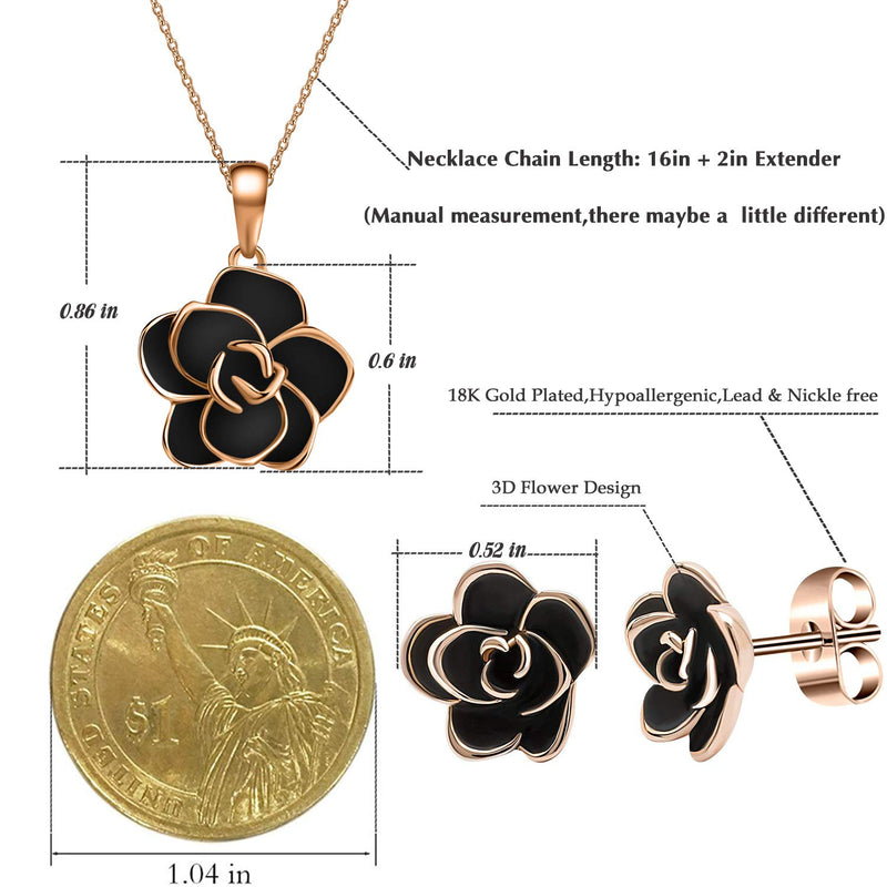 [Australia] - Rose Flower Necklace Earrings Set for Women 18K Gold Plated Hypoallergenic Jewelry Sets Black 