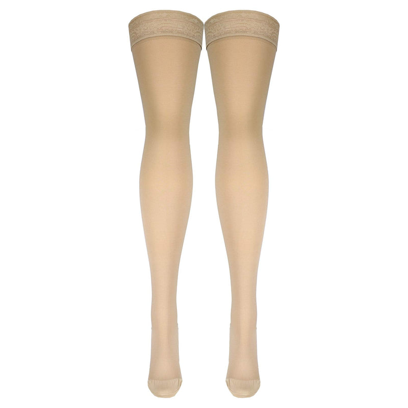 [Australia] - Truform 20-30 mmHg Compression Stockings for Women, Lace Trim Band, Thigh High Length, Closed Toe, Beige, Medium 