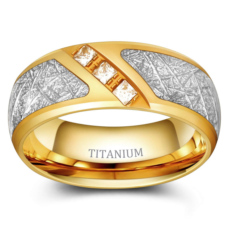 [Australia] - TIGRADE 8mm Gold Titanium Ring for Men Women Cubic Zirconia Meteorite Inlay Dome Polished Wedding Band Comfort Fit Size 7-12 