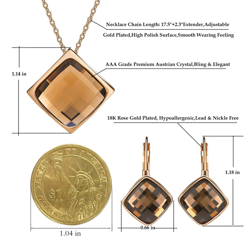 [Australia] - Square Austrian Crystal Necklace Earrings for Women Fashion 18K Gold Plated Hypoallergenic Jewelry Set Brown 