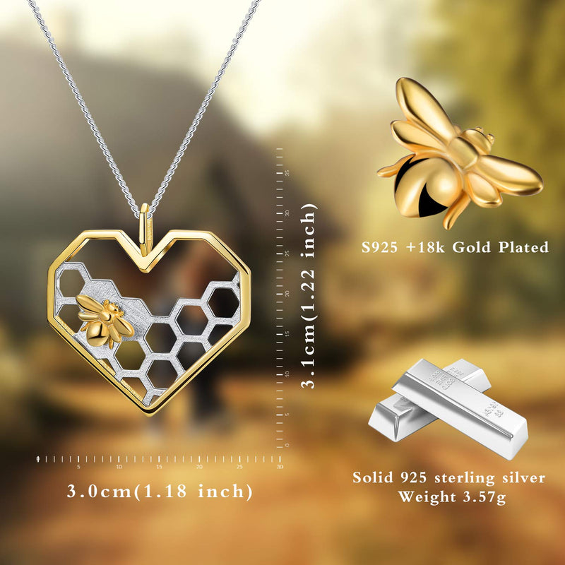 [Australia] - Lotus Fun S925 Sterling Silver Necklace Pendant Honeycomb Bee Pendant with Link Chain length 17inches, Handmade Unique Jewelry Gift for Women and Girls 