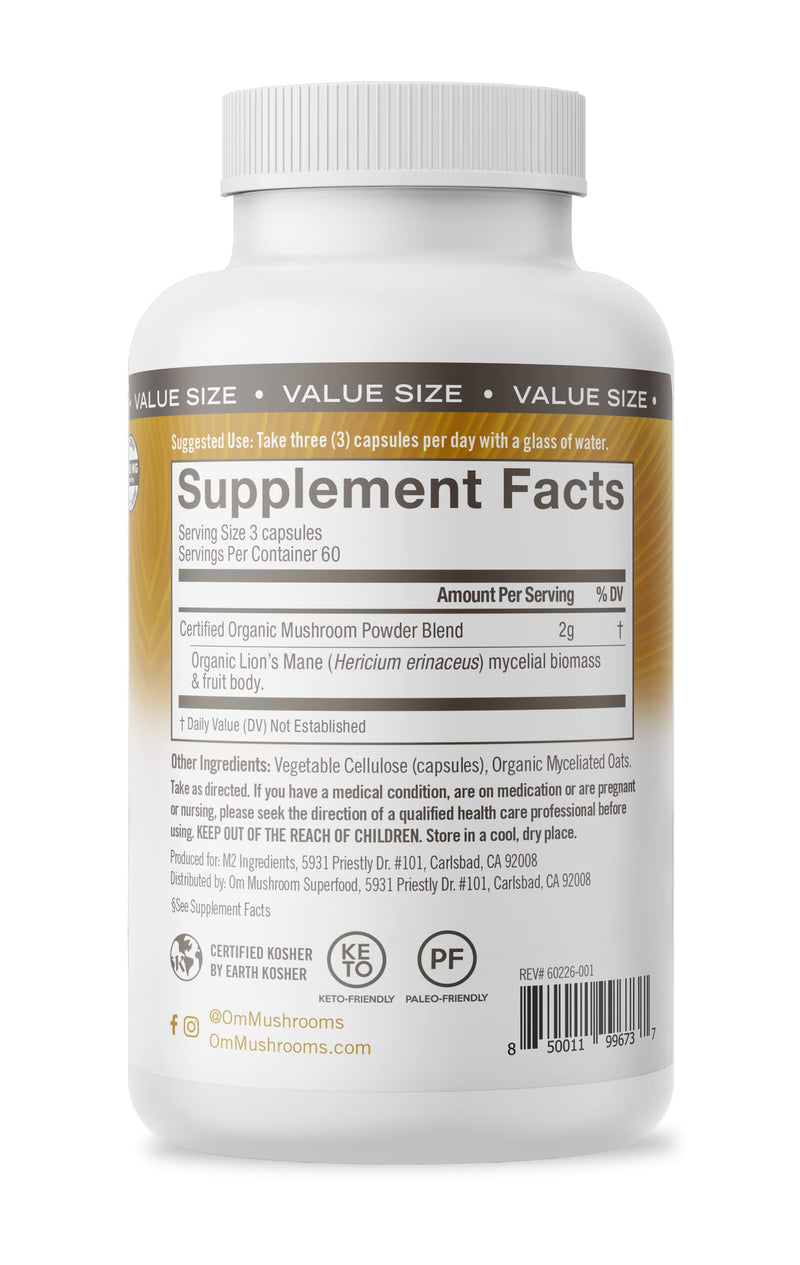 [Australia] - Om Mushroom Superfood Lion's Mane Mushroom Capsules Superfood Supplement, 180 Count, 60 Days, Fruit Body and Mycelium Nootropic for Memory Support, Focus, Clarity, Nerve Health, Creativity and Mood Lion's Mane Capsules 180 Count (Pack of 1) 