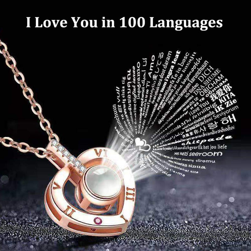 [Australia] - I Love You Necklace for Mom Daughter Girlfriend in 100 Languages Projection Necklace Valentine's Thanksgiving Gift Mum Wife Her GF Rose Gold-Heart 