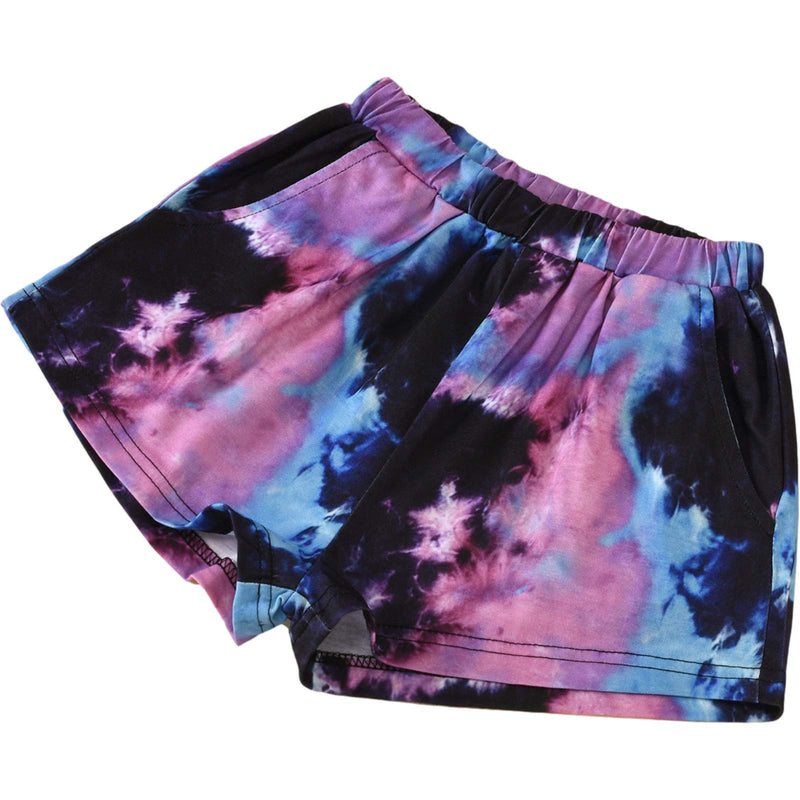 [Australia] - Little Girls Summer Outfit Set Tie-Dye Round Collar Short Sleeve Top T-Shirt+Elastic Drawstring Shorts 2Pcs Set Clothes A-purple 4-5T 