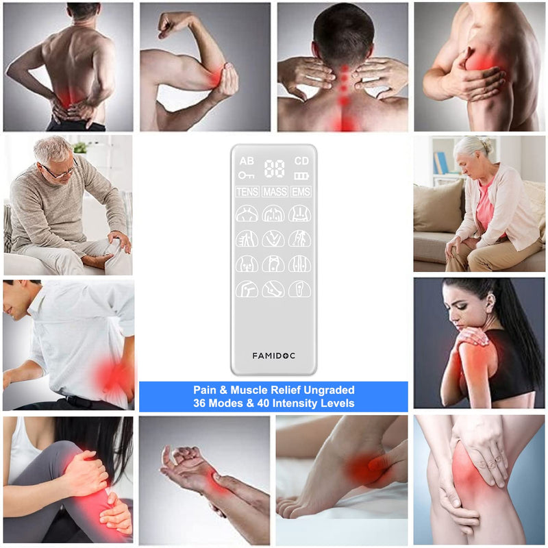 [Australia] - Famidoc TENS/EMS/Massage Units Muscle Stimulator with 4 Channels 36 Modes 40 Level Intensity for Shoulder Back Neck Arms Legs Pain Relief Therapy Electronic Pulse Massager Fdes113 