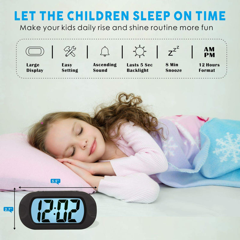 [Australia] - Digital Alarm Clock - Plumeet Travel Clock with Snooze and Nightlight - Easy to Set Simple Bedside Alarm Clocks for Kids - Ascending Sound - Battery Powered (Black) Black 