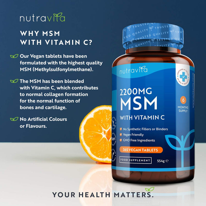 [Australia] - MSM 2200mg Tablets – 365 Vegan Tablets – Methylsulfonylmethane with 80mg Vitamin C – 6 Month Supply - Made in The UK by Nutravita 