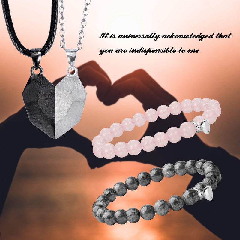 [Australia] - EIELO 4Pcs Magnetic Couples Bracelet Necklace Magnet Matching His and Hers Promise Love Heart Pendant Necklace Bracelet for Couples Long Distance Relationship Natural Stone Bead Couple Jewelry B 