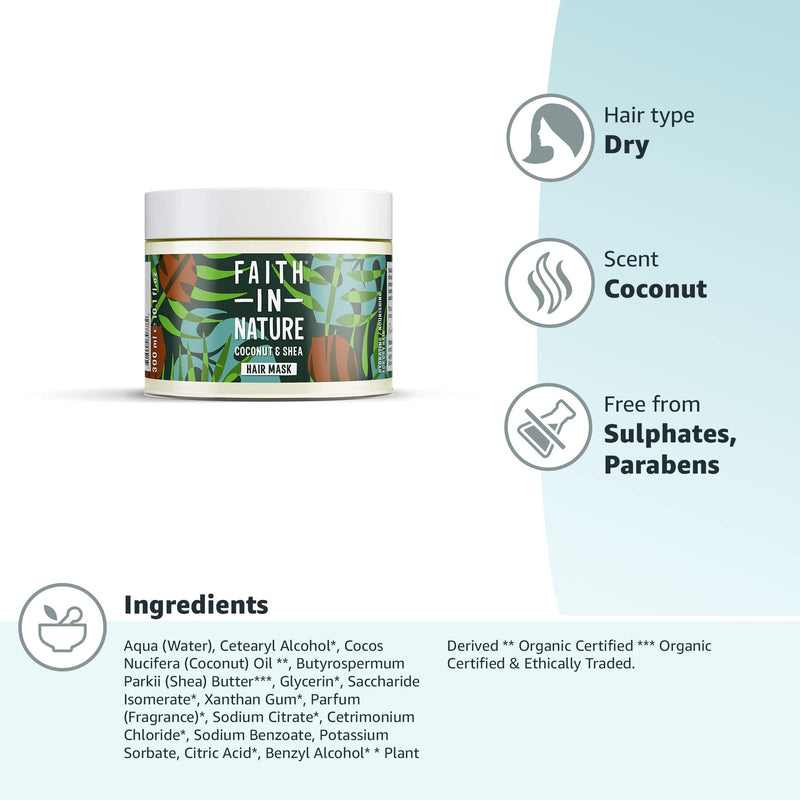 [Australia] - Faith In Nature Natural Coconut and Shea Butter Hair Mask, Hydrating, Vegan and Cruelty Free, No SLS or Parabens, For Normal to Dry Hair, 300 ml Hair Mask - Coconut and Shea Butter 