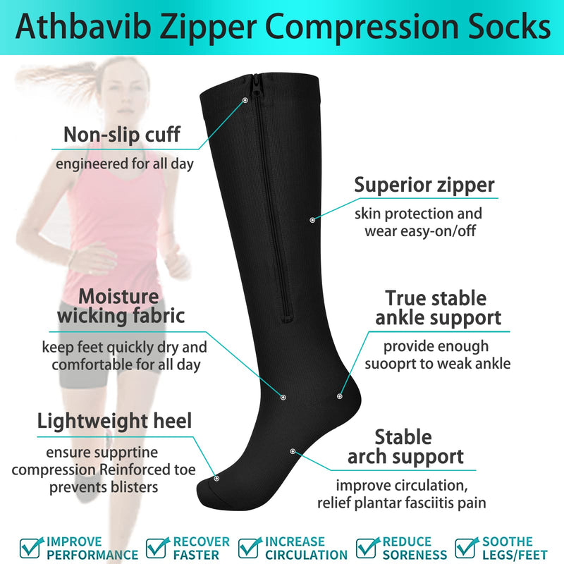 [Australia] - 2 Pairs Zipper Compression Socks Women and Men, Closed Toe Compression Stocking, 15-20 mmHg Knee high compression socks for Edema, Varicose Veins, Swollen Sore Black X-Large 