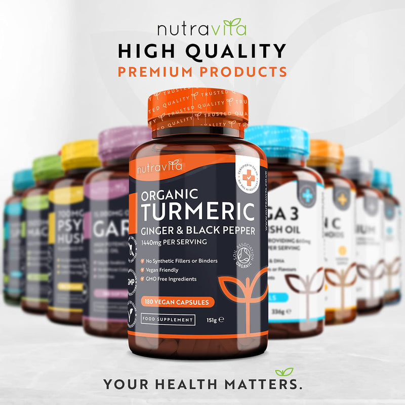 [Australia] - Organic Turmeric 1440mg (High Strength) with Black Pepper & Ginger - 180 Vegan Turmeric Capsules (3 Month Supply) – Organic Turmeric with Active Ingredient Curcumin - Made in The UK by Nutravita 