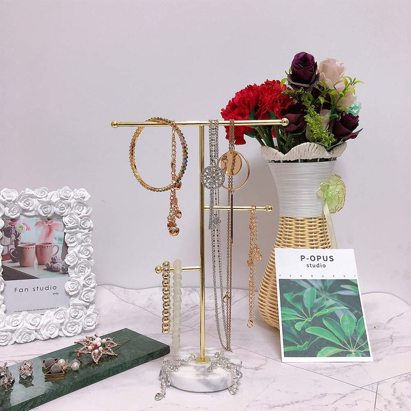 [Australia] - Feelava Jewelry Organizer,Solid Marble Gold T-Bar Necklace Display Stand Earrings Holder for Home with Marble Pattern Round Tray Jewellery Stand for Necklaces, Bracelets, Earrings, Rings and Watches, Medium 