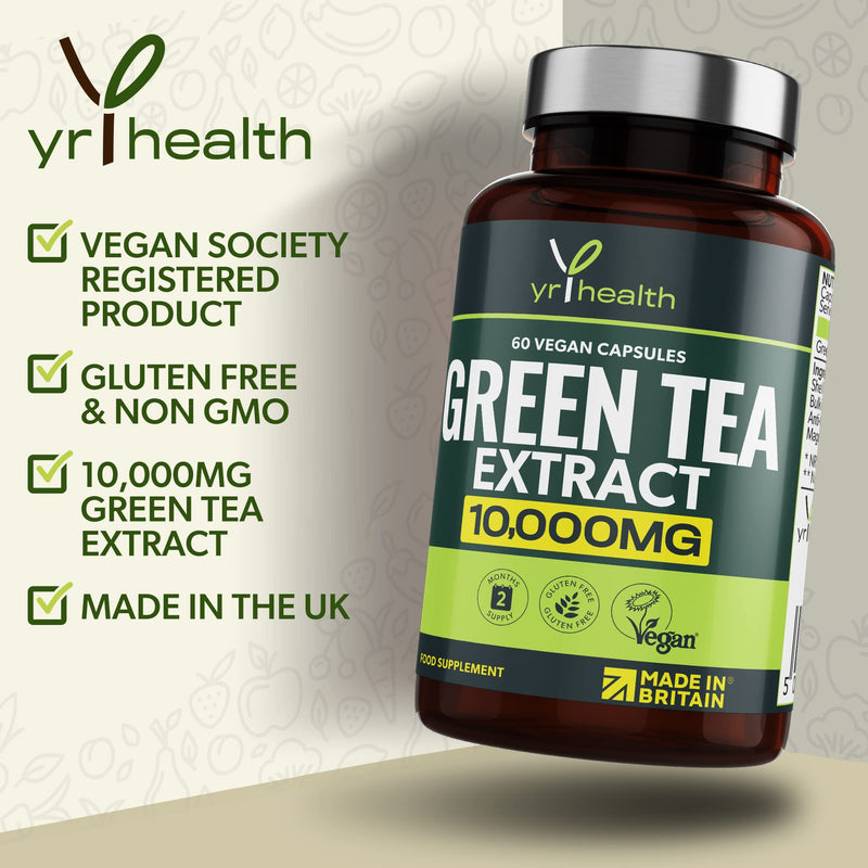 [Australia] - Green Tea Capsules from Vegan Green Tea Extract 10,000mg, Green Tea Tablets High Strength for Weight Loss, Metabolism Booster Keto Diet, 60 Vegan Society Registered Capsules, UK Made by YrHealth 