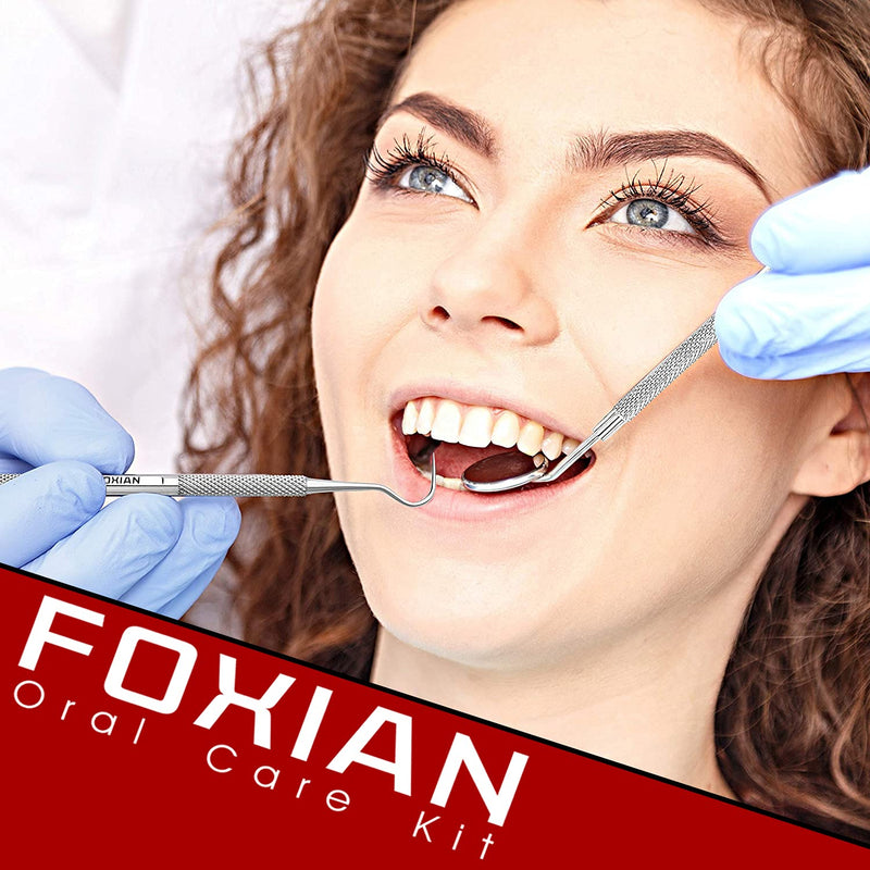 [Australia] - FOXIAN Professional 5 Pcs Oral Plaque Remover for Teeth Stainless Steel Tooth Picks Tartar Cleaner for Teeth Whitening & Oral Care Kit for Men Women Pets in Leather Pouch (5 Pcs) 