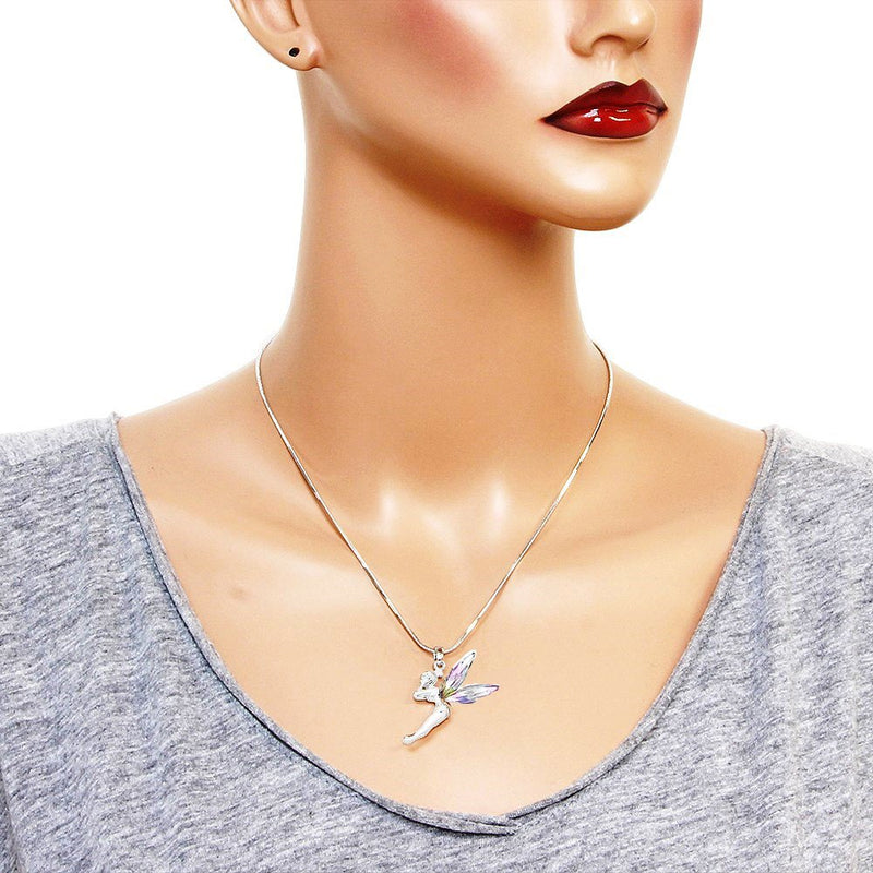 [Australia] - DianaL Boutique Fairy Tinkerbell Pendant Necklace Silver Tone AB Crystal Wings Gift Boxed Tinker Bell Fashion Jewelry 