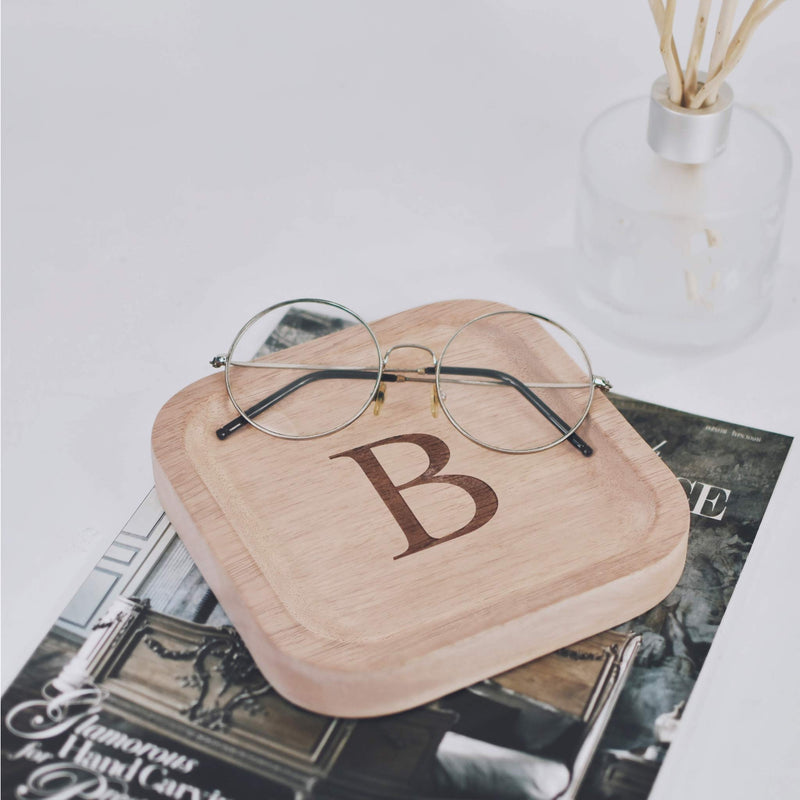 [Australia] - Solid Wood Personalized Initial Letter Jewelry Display Tray Decorative Trinket Dish Gifts For Rings Earrings Necklaces Bracelet Watch Holder (6"x6" Sq Natural "B") ุ6"x6" Sq Natural "B" 