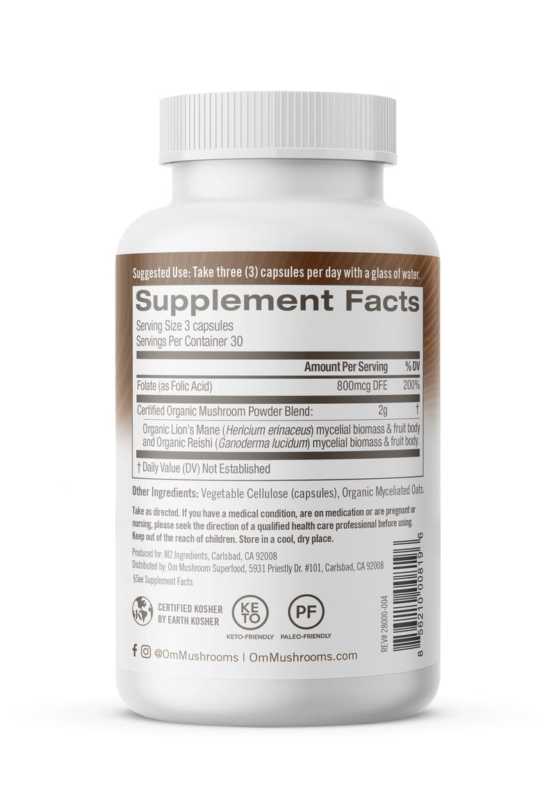 [Australia] - Om Mushroom Superfood Brain Fuel Mushroom Powder Capsules Superfood Supplement, 90 Count, 30 Days, Lion's Mane, Reishi Blend Plus Folate, Mental Clarity, Mushroom Supplement 