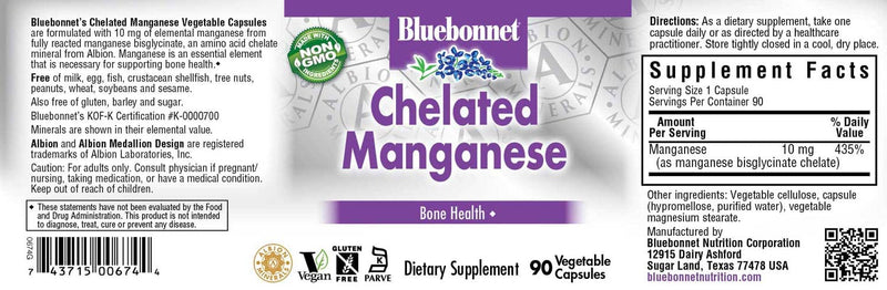 [Australia] - BlueBonnet Nutrition Albion Chelated Manganese, Amino Acid Chelate, Soy, Dairy & Gluten-Free, Non-GMO, Kosher Certified, Vegan, 90 Count 