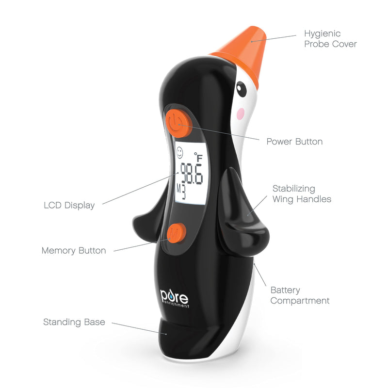 [Australia] - Pure Enrichment® ThermoBuddy™ Penguin Ear Thermometer - InstaRead™ Technology, LCD Backlit Display, 10 Memory Settings, Dual Scale Readings, Fever Alert and Cover - Ideal for Babies and Young Children 