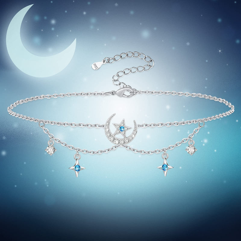 [Australia] - ATTRACTTO Layered Anklet for Women 925 Sterling Silver Moon and Star Ankle Bracelet Adjustable Summer Beach Anklets Jewelry Gifts for Women Wife Girls Infinite Moon Anklet 