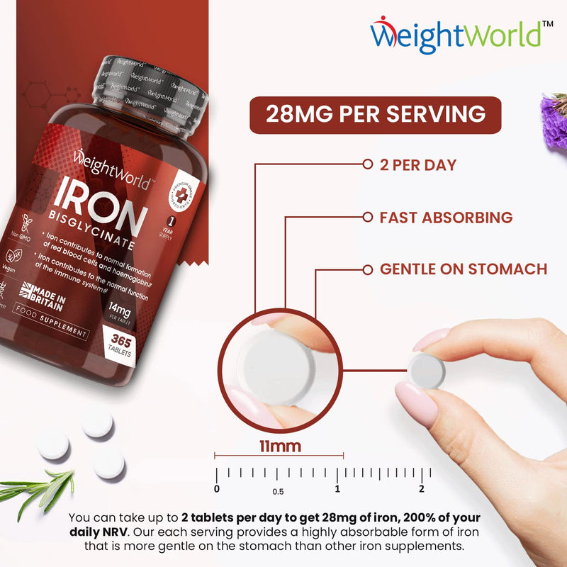 [Australia] - Gentle Iron Tablets High Strength 14mg - 365 Iron Bisglycinate Tablets (1 Year Supply) - Vegan Iron Supplements for Men & Women's Health - Easily Digestible, Gluten Free & Non-GMO - Made in The UK 