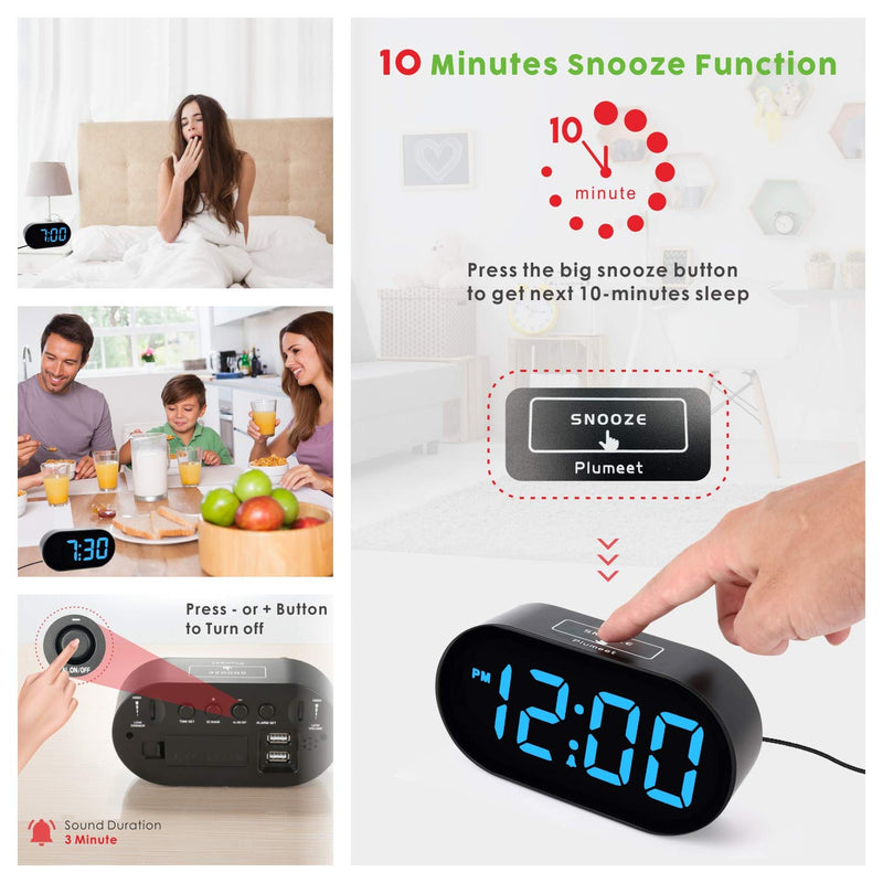 [Australia] - Digital Alarm Clock - Plumeet LED Clocks with Adjustable Brightness Dimmer and Alarm Volume - Blue Digit Display 12-24 Hrs - Kids Clocks with Snooze USB Port Phone Charger 