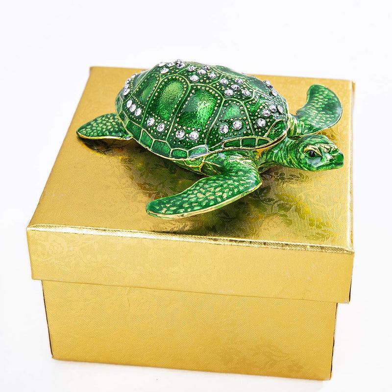 [Australia] - Sea Turtle Hinged Trinket Box Green Tortoise Crystals Bejeweled Jewelry Holder Box Collectible (Green) 