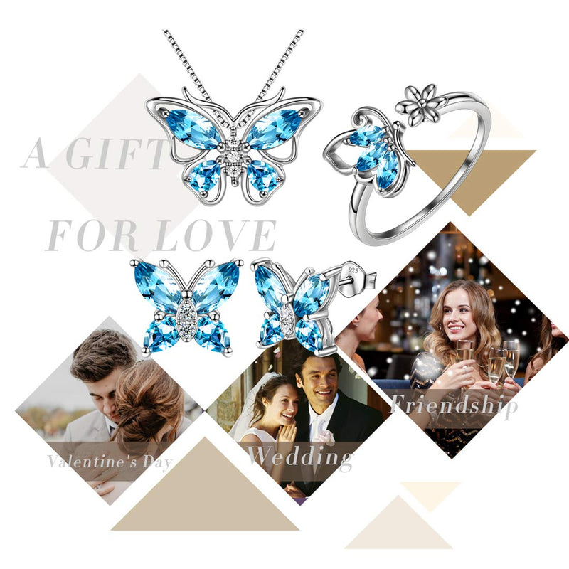 [Australia] - Aurora Tears Butterfly Jewelry Women 925 Sterling Silver Butterflies Necklace/Earrings/Rings Wedding Gift C.Blue-Aquamarine necklace/earrings/ring/sets 